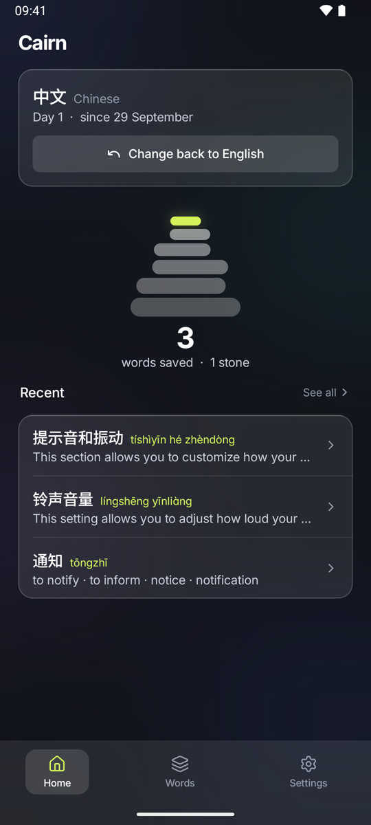 Cairn’s own home screen, showing the cairn of saved words and the words looked up recently.